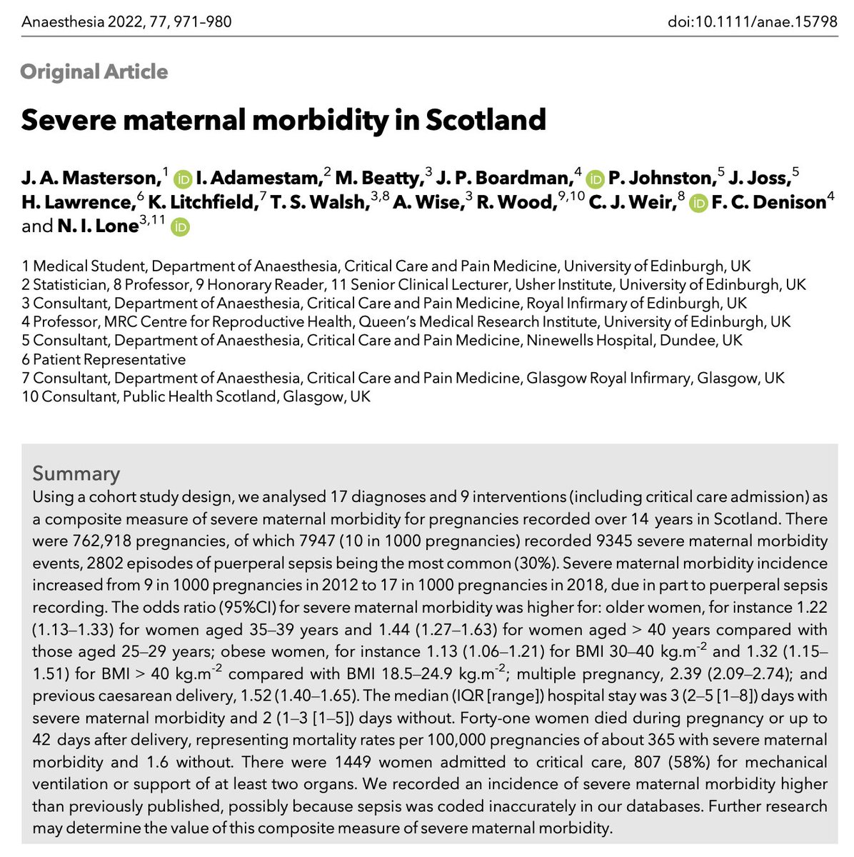 Anaes_Journal's tweet photo. 🔐Severe maternal morbidity in Scotland.

This great new paper from @ICULone is now #OpenAccess and #FreeForever!

🔗https://t.co/SIrg4MTk4A https://t.co/paWPH3py6e