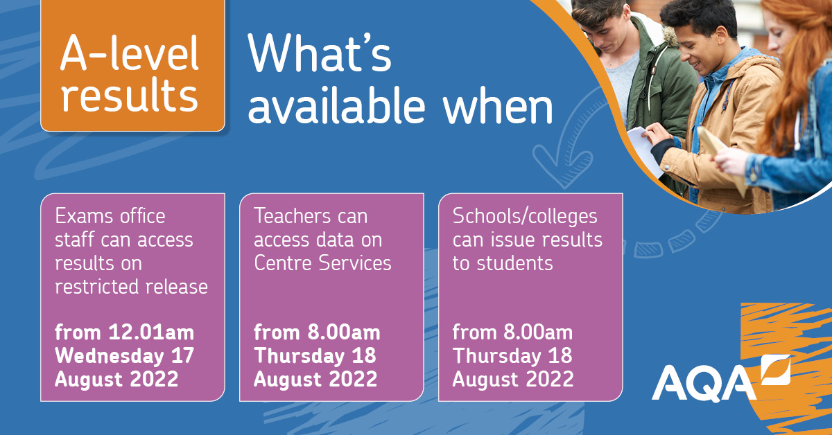 AQA's tweet photo. This week, students will be receiving results from the summer AS and A-level exams. Grade boundaries will be released at 8am on #Resultsday and results will be available as follows… https://t.co/cek62lS6Og