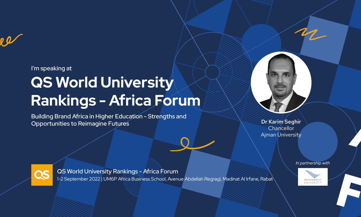 k_seghir's tweet photo. I’m speaking at the upcoming @QSCorporate World University Rankings - Africa Forum on 1 &amp; 2nd September in Morocco! Will I see you there? You can register for #QSAfricaForum here: https://t.co/2PaJjz4QT0
@AjmanUniversity @ashwinjf @TGHORFI https://t.co/l7ZwA2epd1