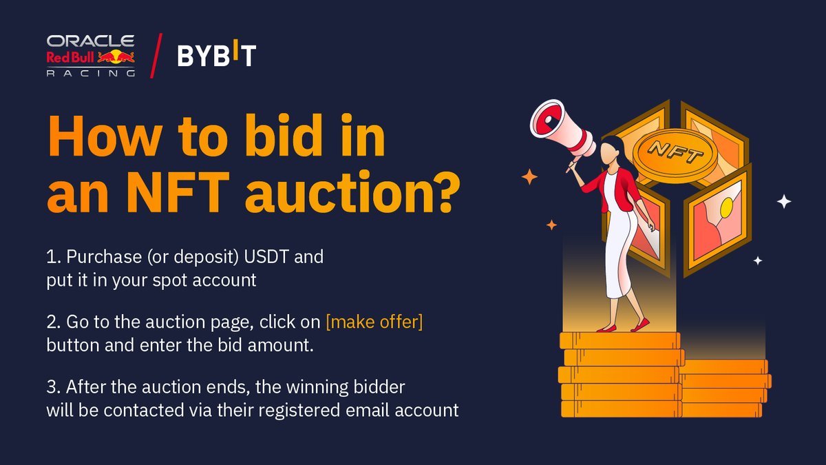 Bybit_Official's tweet photo. 👇🏻 Here are the steps to join our auction! 

💰 Starting bid will be at 1000 $USDT!

*Note that your bid cannot be cancelled after submission and funds can only be unlocked when another user places a higher bid or if auction ends! https://t.co/D04FudZOfO