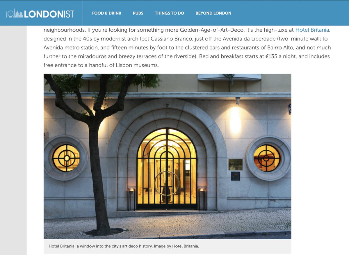 "Golden-Age-of-Art-Deco, high-luxe at Hotel Britania, designed in the 40s by modernist architect Cassiano Branco, just off the Avenida da Liberdade. How To Spend A Weekend In Lisbon… londonist.com/london/beyond-… <a href="/Londonist/">Londonist</a>”