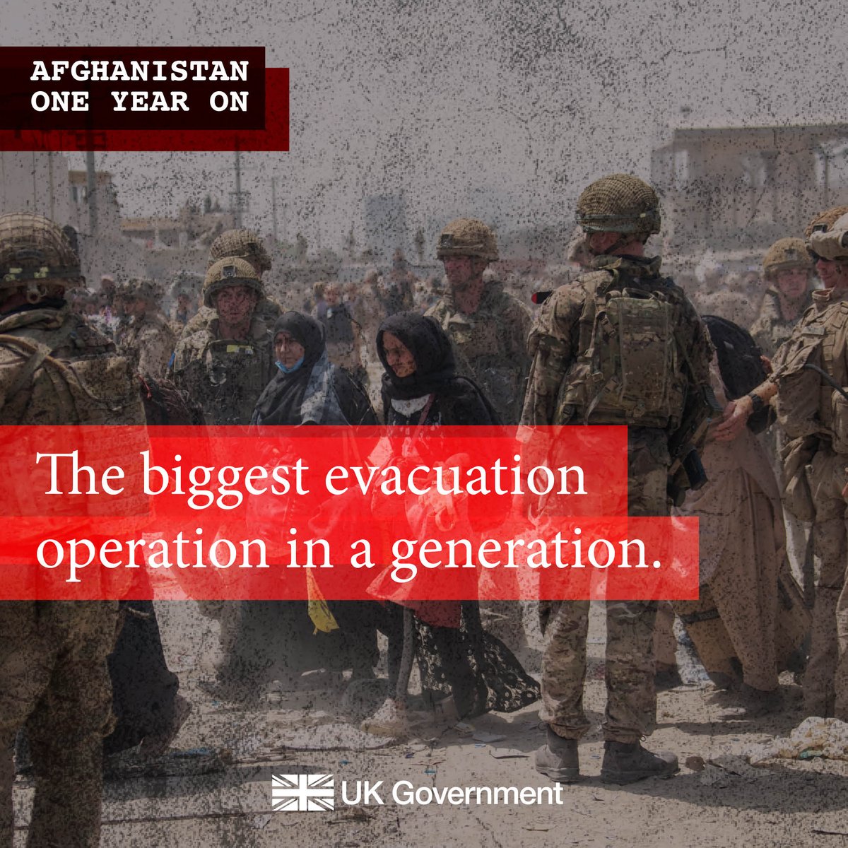 FCDOGovUK's tweet photo. One year ago, the UK began evacuating people from Afghanistan – helping 15,000 get to safety in two weeks. https://t.co/APXxP2Fkp5