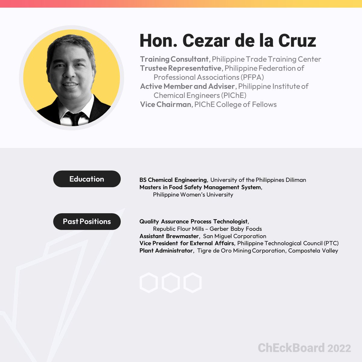 ChEckBoard2024's tweet photo. With FIVE days left before the registration ends, let us meet our esteemed speaker from the Professional Regulatory Board of Chemical Engineering for Day 1 in ChEckBoard!
Sign up now for only Php 120 through: https://t.co/oOuvjKpZyL
#ChEckBoard2022
#ReinforcingFoundations https://t.co/DAYoPhCPJ6