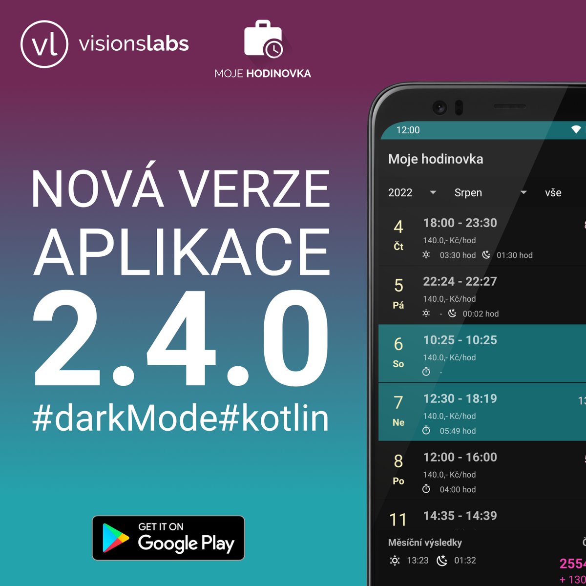 visionslabs's tweet photo. #Update #MojeHodinovka aktualizace 2.4.0, kde jsme přepsali celé "střeva" aplikace a také jsme přidali #DarkMode pro příznivce této funkce.

▶ Prosím vyplňte krátký dotazník https://t.co/h0nmNs3t5C 

📱 https://t.co/letNOSoFxh

#dochazka #googleplay #android #kotlin https://t.co/Oes8VSR7C6