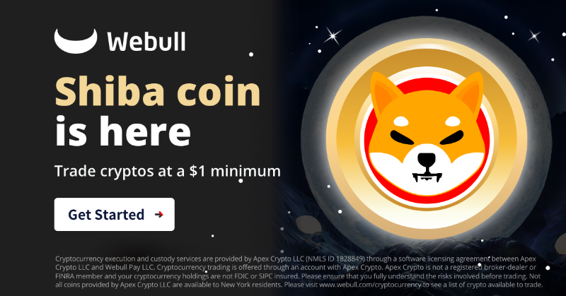 WebullGlobal's tweet photo. 🚀🚀 #shibacoin is here.

Trade #cryptos at a $1 minimum.

Get $5 of $SHIB by completing one crypto trade.