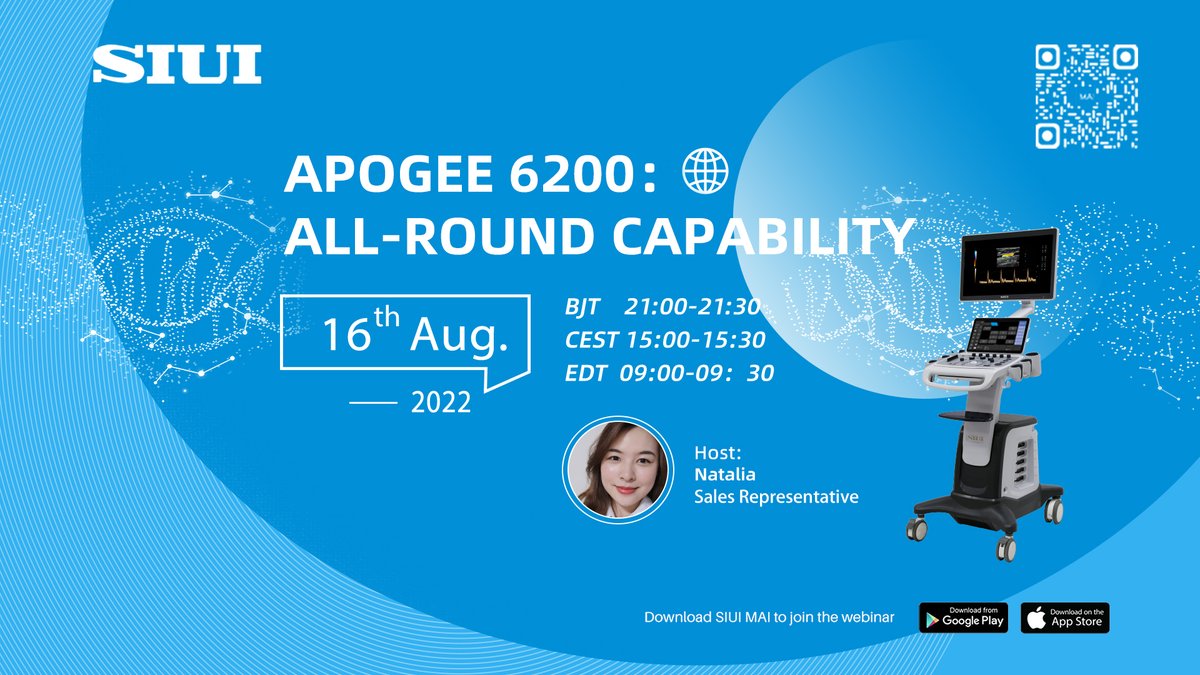 SIUIHealthcare's tweet photo. Don’t forget the global webinar on Aug 16 where we will introduce Apogee 6200’s versatility for general practices. Make sure to download SIUI MAI to watch the live stream!
#SIUI #SIUIMai #healthcare #medical #ultrasound #webinar https://t.co/dV9UTqvO25