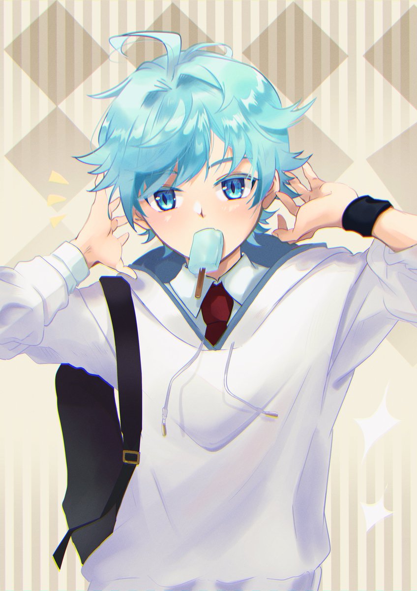 chongyun (genshin impact) 1boy male focus food blue hair blue eyes popsicle hood  illustration images