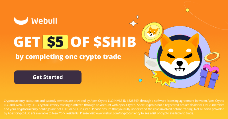 WebullGlobal's tweet photo. 🚀🚀 #shibacoin is here.

Trade #cryptos at a $1 minimum.

Get $5 of $SHIB by completing one crypto trade.