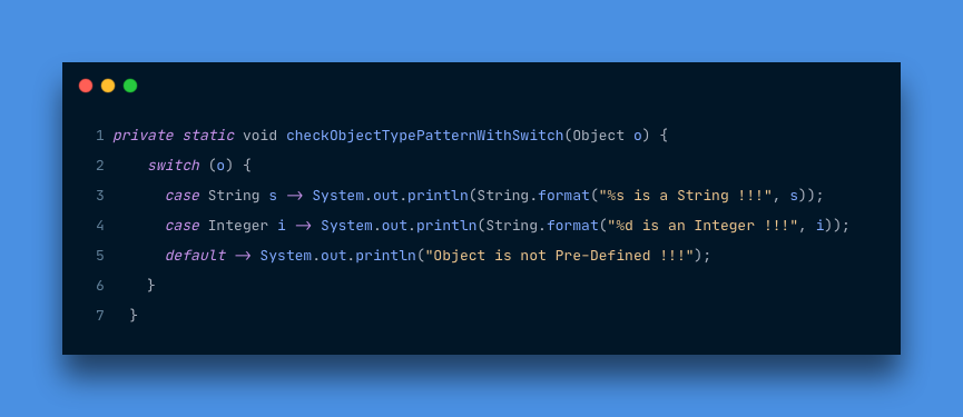 evrn_tan's tweet photo. Pattern Matching for Switch in #Java;

Pattern matching is to recognize a specific type. It can be done with instanceof operator but can be done switch with #Java17.

For me, using switch is makes code more readable.

Check my sample code;
https://t.co/UlYbAWyQoK

#WeeklyJavaTips https://t.co/lZGphHsc9F