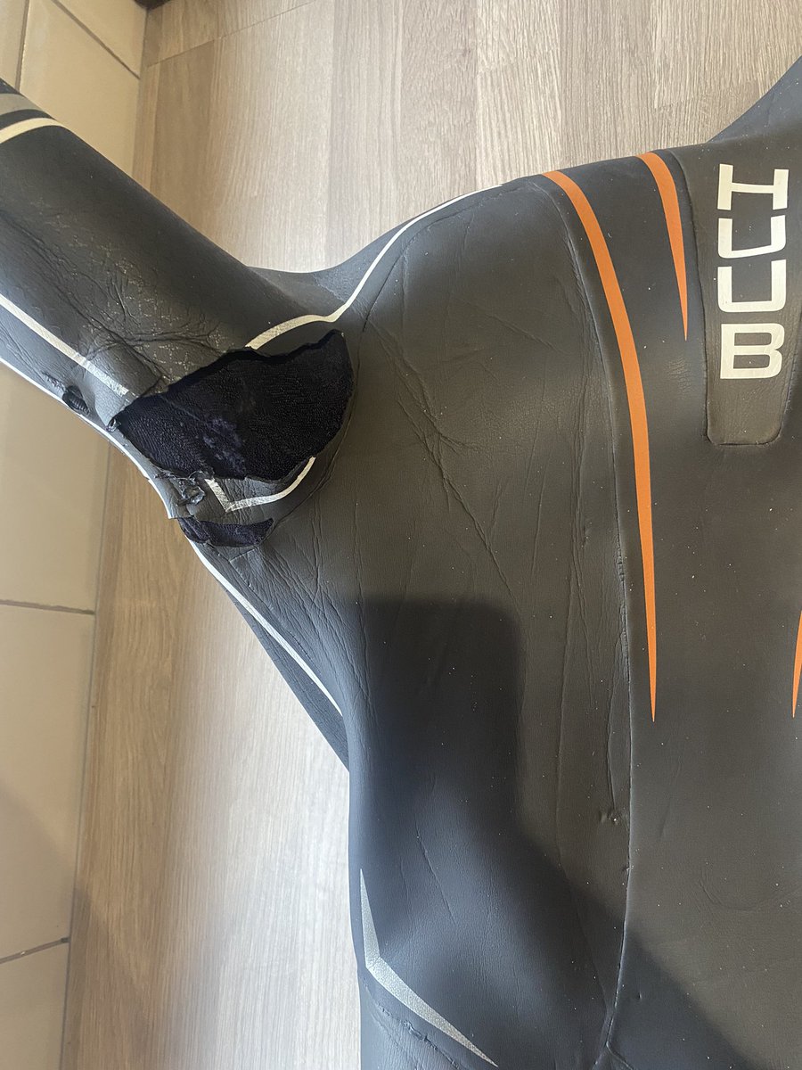 NathTrow's tweet photo. DO NOT buy a @HUUBDesign wetsuit ever! Complete garbage. Made of paper and massively over priced. I may as well cut the sleeves off this. Had to repair it under the arm pits a dozen times and after the weekends swim it’s beyond repair and good for the bin. Cheers @HUUBDesign. https://t.co/G80t4EP05v