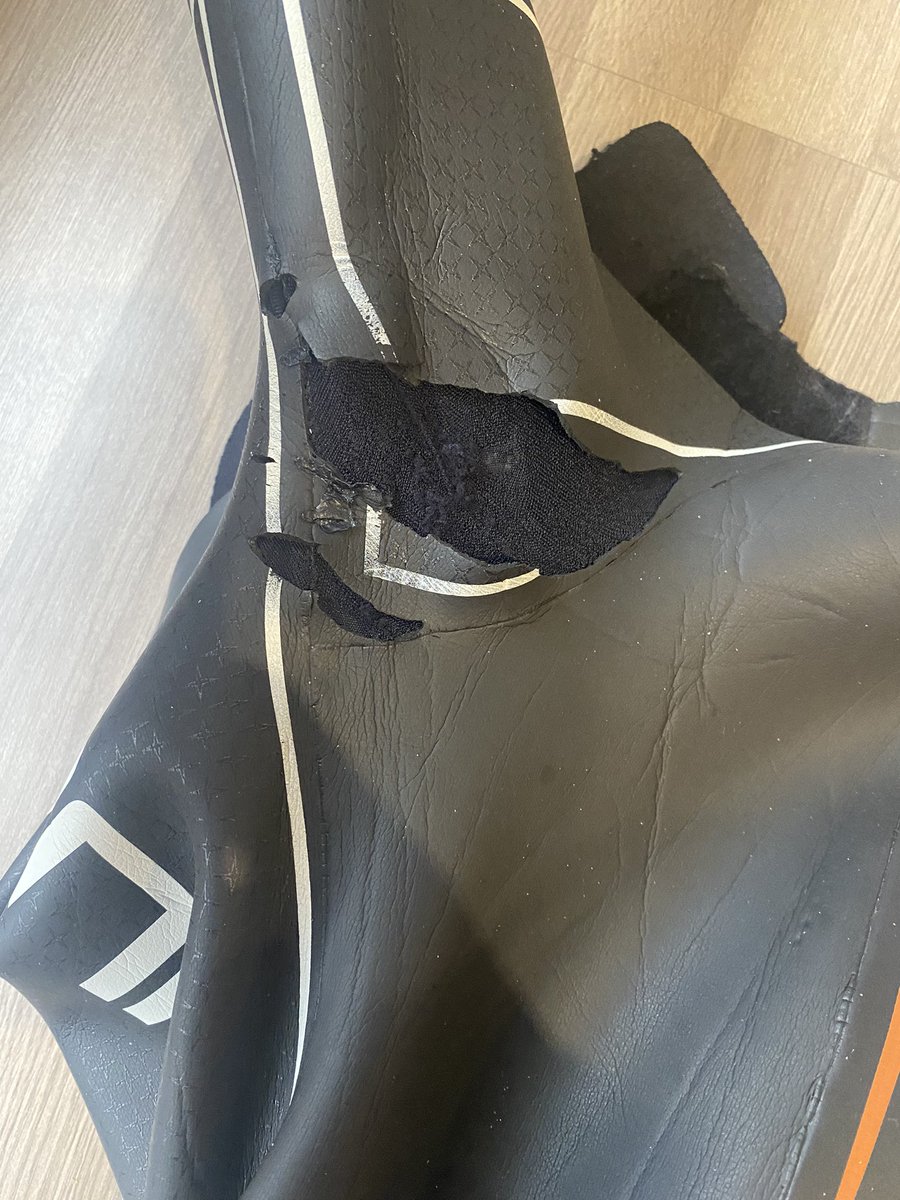 NathTrow's tweet photo. DO NOT buy a @HUUBDesign wetsuit ever! Complete garbage. Made of paper and massively over priced. I may as well cut the sleeves off this. Had to repair it under the arm pits a dozen times and after the weekends swim it’s beyond repair and good for the bin. Cheers @HUUBDesign. https://t.co/G80t4EP05v