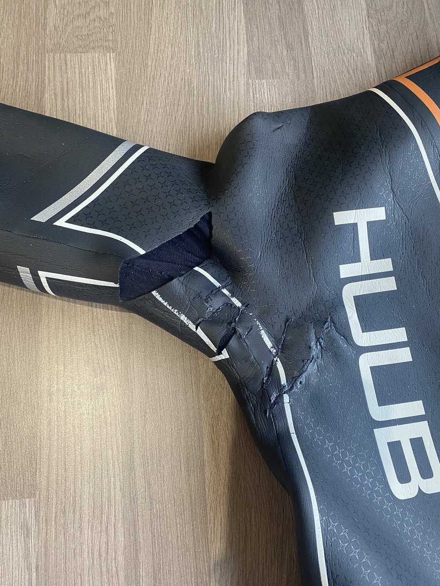 NathTrow's tweet photo. DO NOT buy a @HUUBDesign wetsuit ever! Complete garbage. Made of paper and massively over priced. I may as well cut the sleeves off this. Had to repair it under the arm pits a dozen times and after the weekends swim it’s beyond repair and good for the bin. Cheers @HUUBDesign. https://t.co/G80t4EP05v