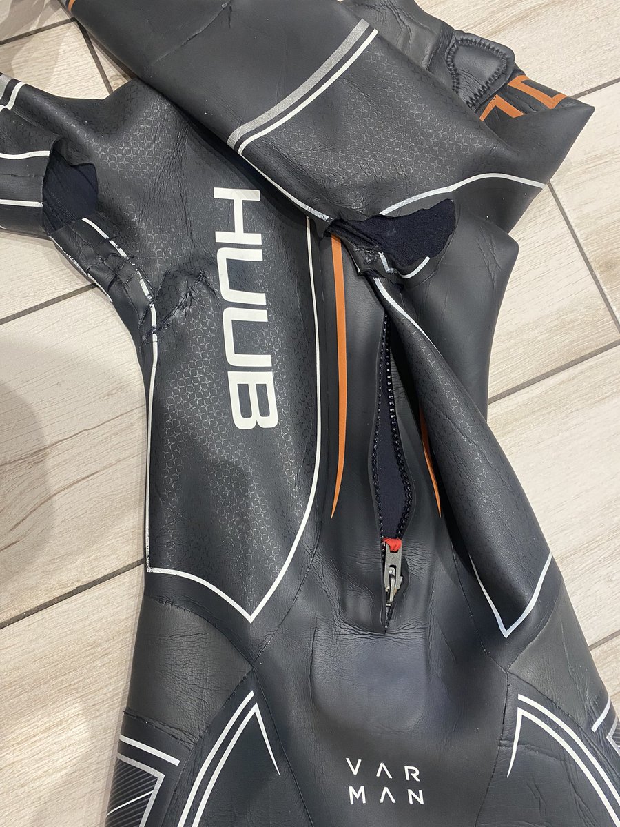 NathTrow's tweet photo. DO NOT buy a @HUUBDesign wetsuit ever! Complete garbage. Made of paper and massively over priced. I may as well cut the sleeves off this. Had to repair it under the arm pits a dozen times and after the weekends swim it’s beyond repair and good for the bin. Cheers @HUUBDesign. https://t.co/G80t4EP05v