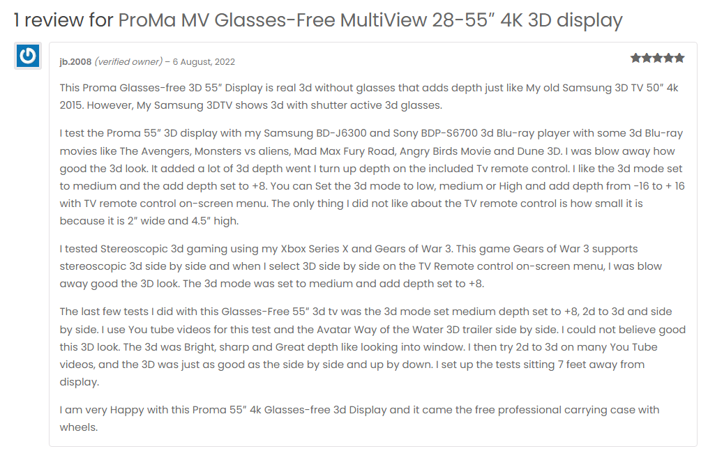 JoeYu65572933's tweet photo. Glasses-free multi-view 55'' 4K 3D display
It supports Blu-ray player.
Enjoy your home 3D movies without wearing glasses.
The 3D effect is awesome and the images are crystal clear, see comment from one of our customers. https://t.co/Yi0PBOkDEV