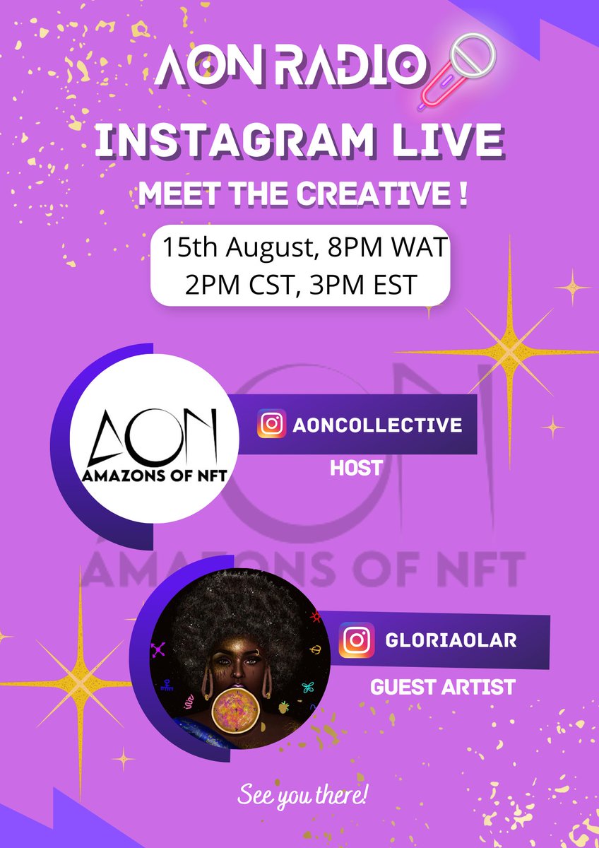 AONCollective's tweet photo. WOW! AON is doing something unique! We are taking NFTs to Instagram ๐ฅณ. Join us tomorrow on #AONRadio as we launch #MeetTheCreative on Instagram live where you get to see your favourite artist and chat with them live!
@gloriaolar1 is our guest artist on our first episode. ๐ซ https://t.co/N3Pn4AXfqH
