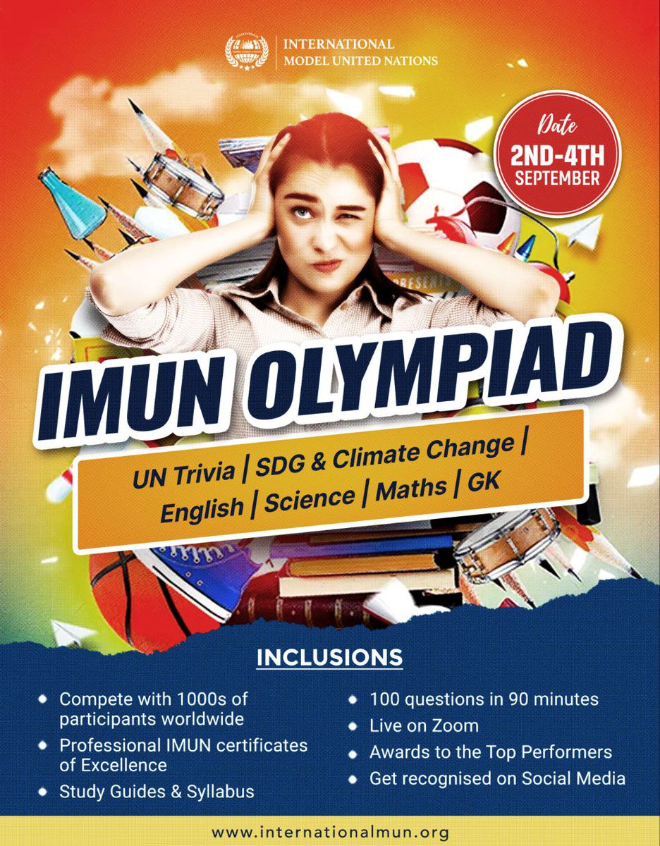 Steffie_Laura's tweet photo. Ready to test your knowledge of the world?🤩 Introducing 𝐈𝐌𝐔𝐍 𝐎𝐥𝐲𝐦𝐩𝐢𝐚𝐝𝐬 2022, an exciting new take on the Olympiad quizzes, with a focus on diplomacy, current affairs, international relations, English, and more🔥 https://t.co/InaQJ5UfBR