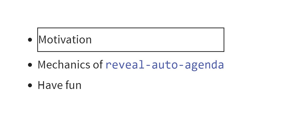 If you want automatic agenda slides (based on H1 headers) in <a href="/quarto_pub/">Quarto</a> presentations with <a href="/revealjs/">reveal.js</a>, then this Quarto extension might help.

github.com/andrie/reveal-…

See a live preview at andrie.quarto.pub/reveal-auto-ag…

(Inspired by a question from <a href="/PipingHotData/">Shannon Pileggi... @PipingHotData@fosstodon.org</a>)

#rstats