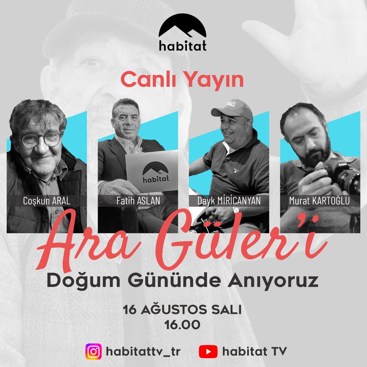Ustamız Ara Güler'i doğum gününde anmak için <a href="/habitatTV_TR/">habitat TV</a>'nin Instagram ve Youtube hesaplarında canlı yayında buluşacağız. Yarın, yani 16 Ağustos Salı 16:00'da bekliyoruz.

👉youtube.com/habitatTV 
👉instagram.com/habitattv_tr