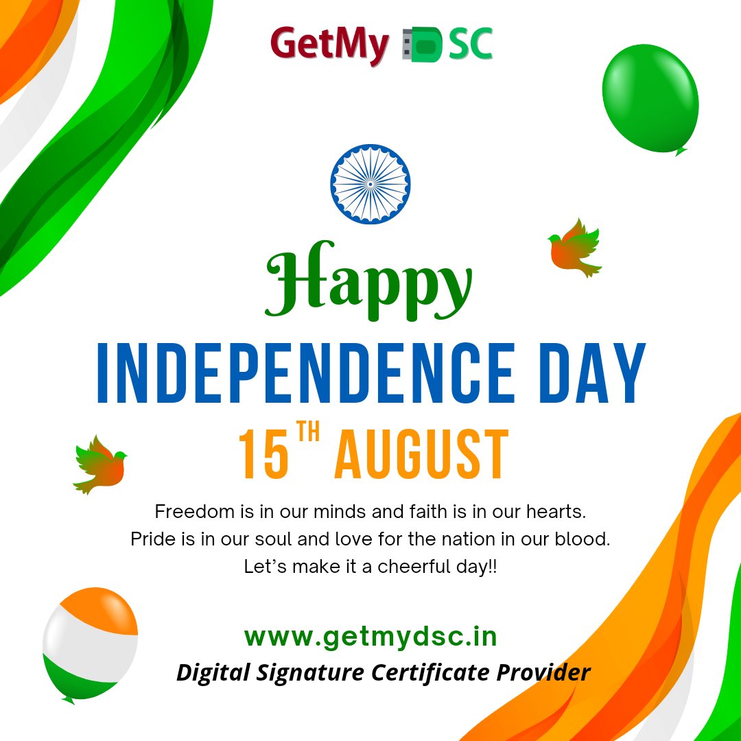 dsc_get's tweet photo. Wishing you all a happy Independence Day from Get My DSC

We are leading DSC provider along with various services like ITR Filing, GST Registration, Company Registration, etc.

Visit: https://t.co/HQYOMysWy4
Contact No.- 9953179605

#IndependenceDay2022 #business #15august https://t.co/sUj2kkogRx