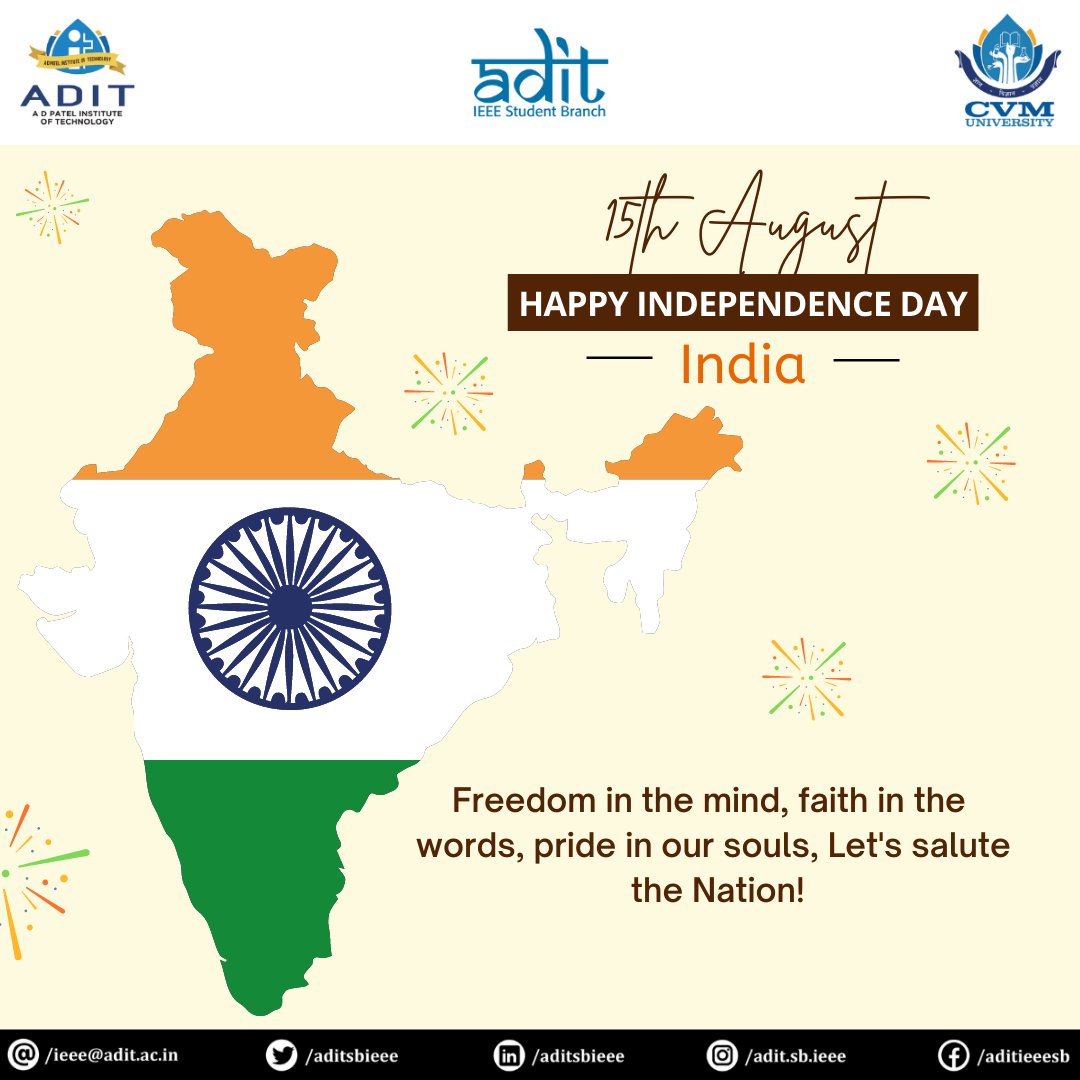 aditsbieee's tweet photo. Independence Day is celebrated on 15 August in India commemorating the nation's independence on 15 August 1947.

IEEE ADIT SB wishes every Indian a Happy Independence Day, in rememberance of the bravery, sacrifice and strength of the revolutionaries of India. https://t.co/r7chbjE2Fk