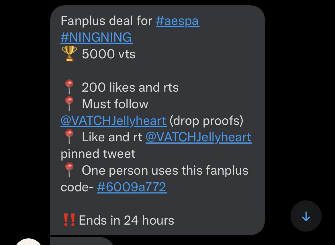 ningningvoting's tweet photo. Fanplus deal for #aespa #NINGNING 
🏆 5000 vts

📍 200 likes and rts
📍 Must follow @VATCHJellyheart (drop proofs)
📍 Like and rt @VATCHJellyheart pinned tweet
📍 One person uses this fanplus code- #6009a772 

‼️Ends in 24 hours https://t.co/DubHy0Y9ij