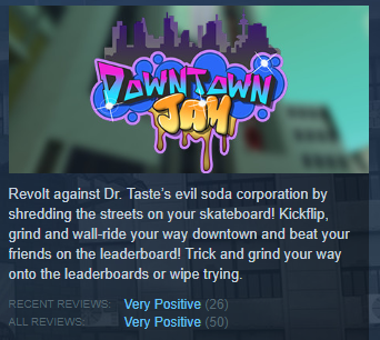 KabutoKai_'s tweet photo. Downtown Jam has qualified for a Very Positive review on #Steam babyyyy!!!! Proud #gamedev moment!

#unity3d #madewithunity #indiedev #steam https://t.co/wtB5CCv019