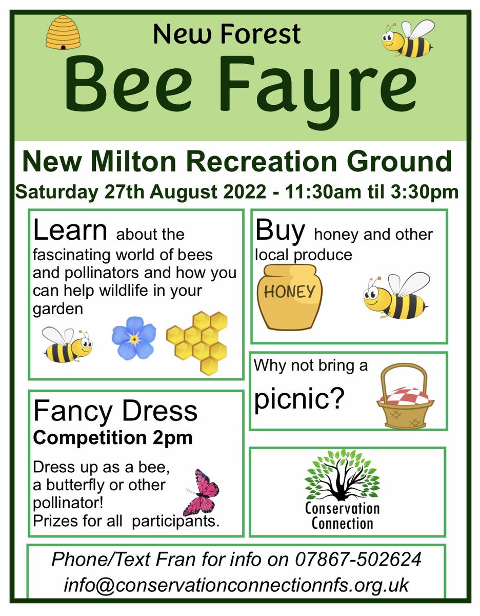 ConservationNFS's tweet image. Last call for orgs or businesses who would like at stall at the #NewForest Bee Fayre on Saturday 27th August 11.30 - 3.30pm at #NewMilton Recreation Ground. Any link to #wildlife, #bees, #pollinators, natural world, honey! Please text 07867 502624 if you would like to join us.