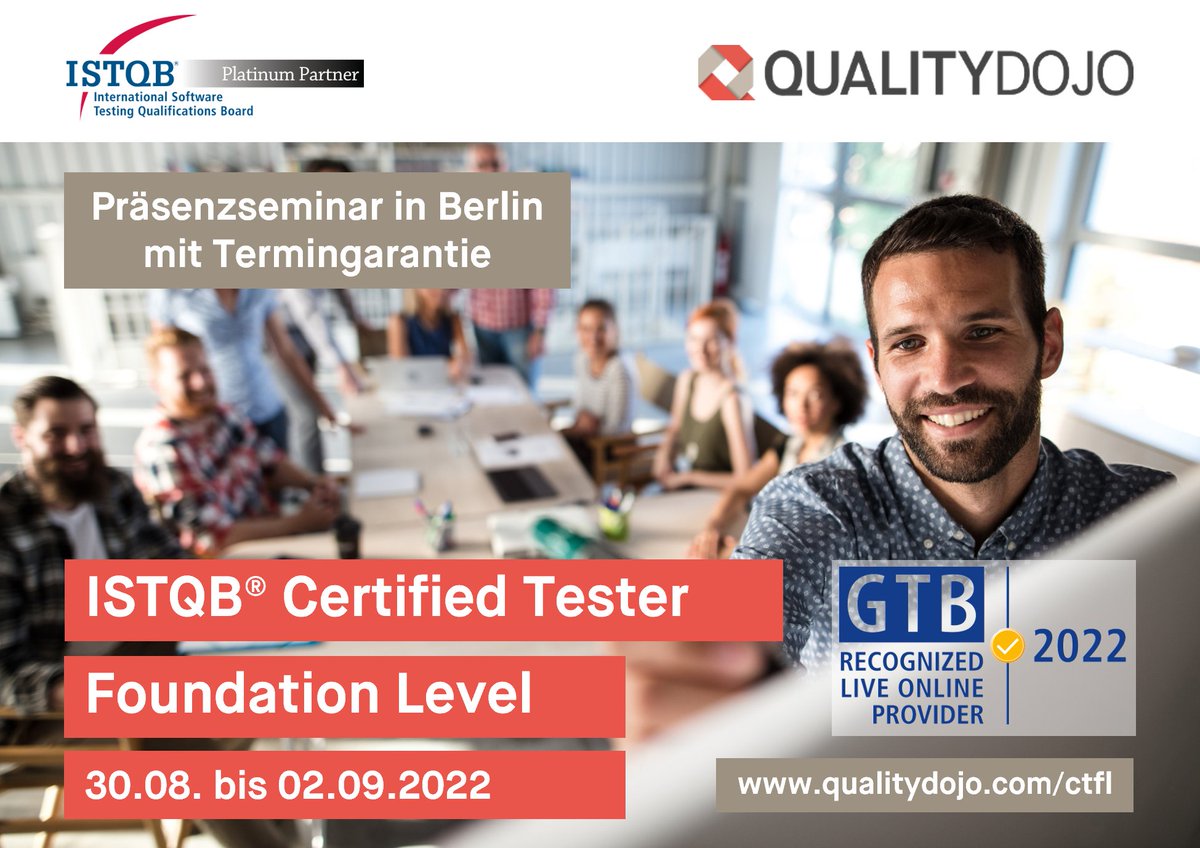 qualitydojo's tweet photo. +++ Präsenzseminar in #Berlin mit Termingarantie +++

✅ Di 30.08.2022 - Fr 02.09.2022: #ISTQB Certified Tester (Foundation Level)

Es gibt noch freie Plätze! Hier geht es zur Anmeldung:
➡️ https://t.co/42wXQU8G6A

#Softwaretester #softwaretesting #testing #software #training https://t.co/4TDvcRXROH