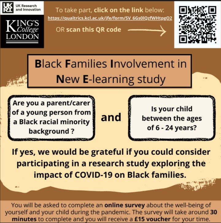 How has the COVID-19 pandemic impacted the wellbeing of families from Black community and the types of support families receive
A focus group Mon 22nd Aug @ 5.30 - 6.45pm
This focus group will last approx 60 - 75 minutes you will receive a *£15 Amazon voucher* for your time.