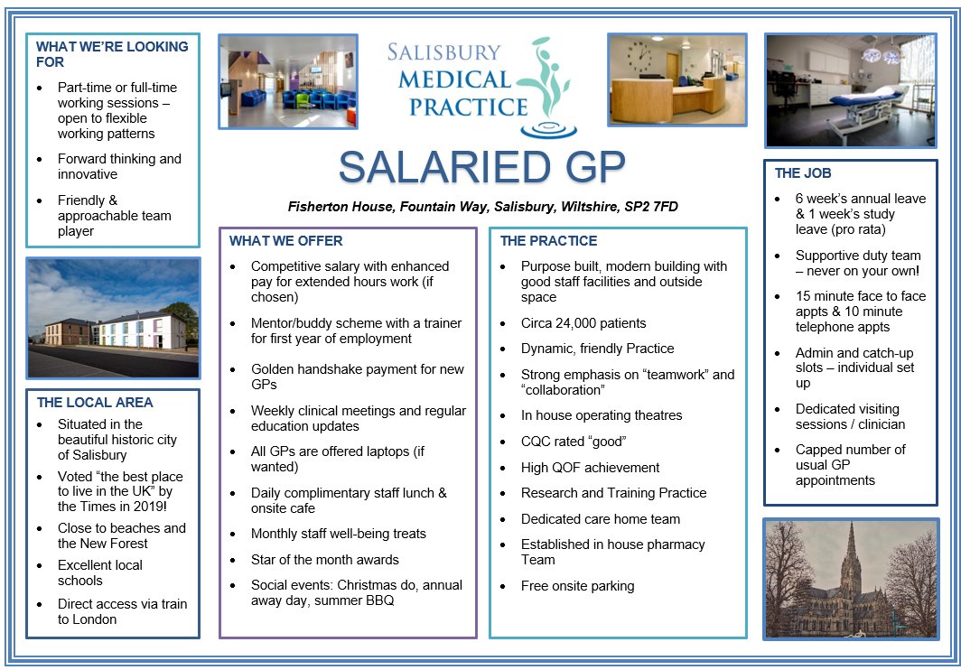 Our Partnership is looking for a Salaried GP to join our team! For further information or to book an informal visit, please contact Alex Bellis, HR Manager - alexis.bellis@nhs.net or call 01722 333034.