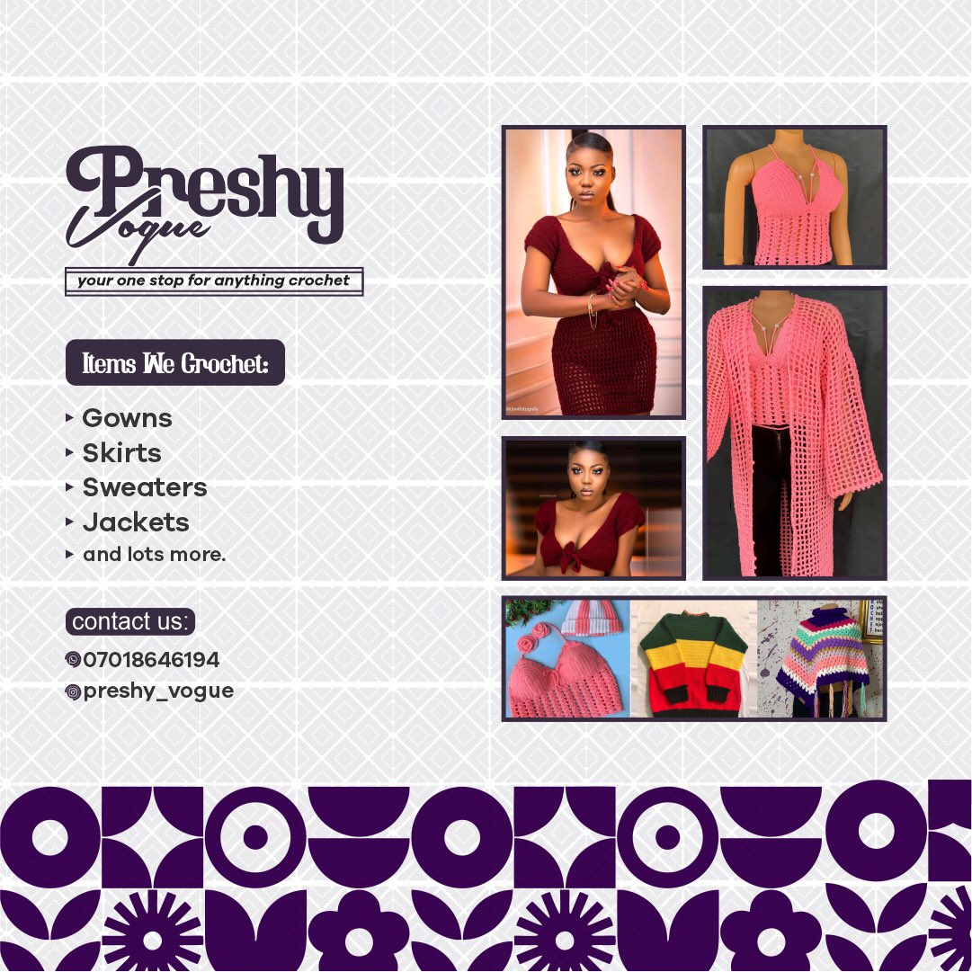 1crocheter's tweet photo. I will like to introduce my business here #twitter,
call mePRESHy😊,my brand name is PRESHY VOGUE, which deals with crochet (handmade wears).Have a taste of our service (patronize us)and you will come back for more.YOUR ONE STOP FOR ANYTHING CROCHET 🧶 ❤️. https://t.co/z6b5MpDaWd