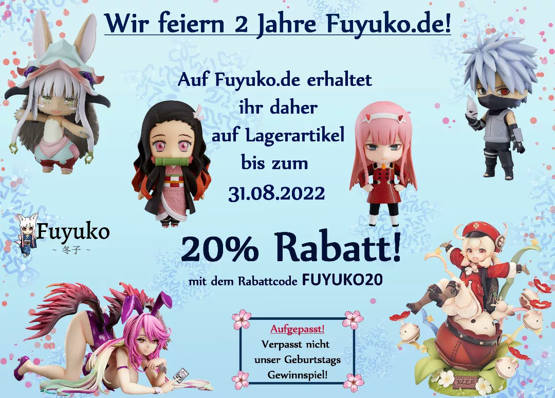 Fuyuko.de feiert den 2. Geburtstag! Das feiern wir mit 20% Rabatt und später folgt auch wieder ein Instagram Gewinnspiel! 🎂🎉
~ Verwendet im Checkout einfach den Rabattcode FUYUKO20 ~
#anime #animefiguren #manga #animeliebe