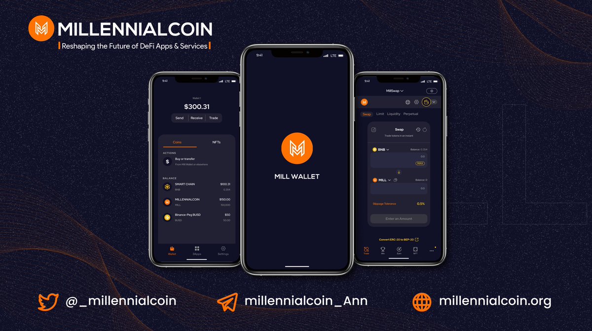 _millennialcoin's tweet photo. Millennialcoin ecosysyem is evolving!!
A glimpse of our ecosystem products.

✅Mill Wallet.
✅MillSwap .
✅DAO platform .
✅Gaming &amp; NFT.

    Reshaping the Future of Defi Apps &amp; Services!

#BNB #bsc #millennialcoin #Crypto https://t.co/19TPVnUkdq