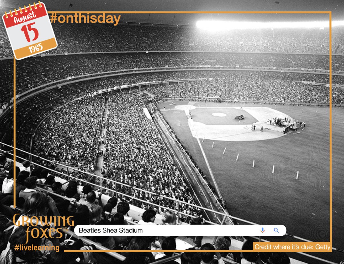 GrowingFoxes's tweet photo. 15 August 1965: The Beatles perform in front of 55,000 fans at Shea Stadium in New York as part of their second concert tour of the US. The event broke concert attendance records and signalled the start of what would become 'stadium rock'. #context #scope #players #livelearning https://t.co/UYRx9OK57h