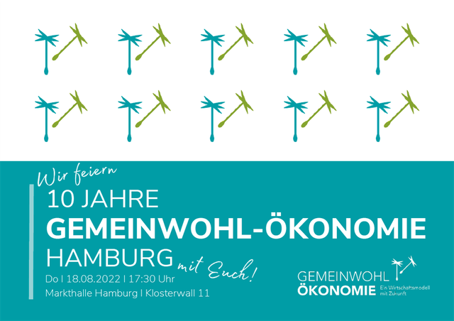 Die #GemeinwohlÖkonomie (#GWÖ) #Hamburg wird 10 Jahre! 🎉
Diese Woche Donnerstag, 18. August, feiern wir in der <a href="/MarkthalleHH/">MarkthalleHamburg</a>!

Jetzt kostenfrei anmelden ➡️ eventbrite.de/e/10-jahresfei…