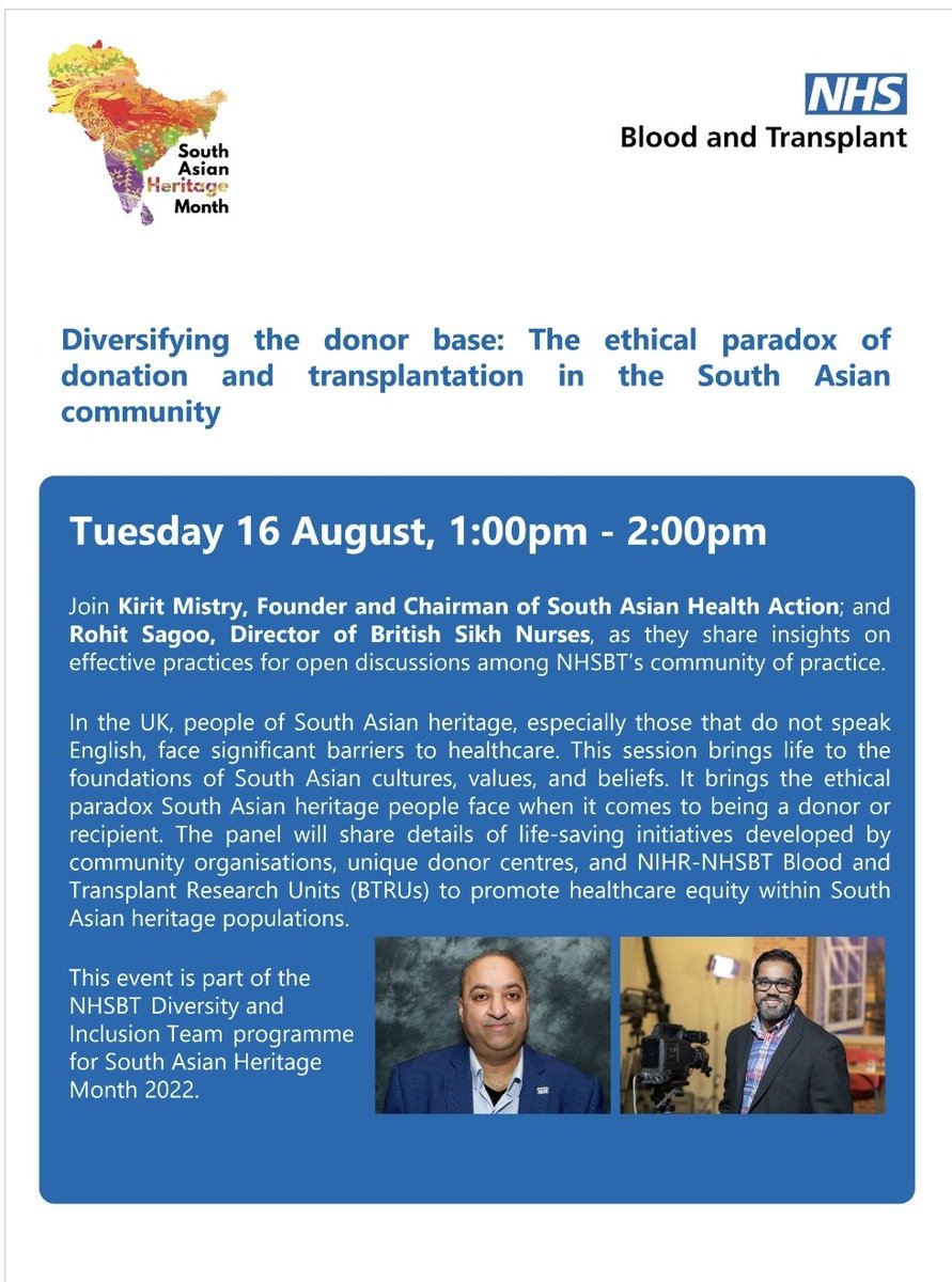 As part of #SouthAsianHeritageMonth join us in a discussion exploring the barriers and facilitation of organ donation &amp; transplantation 💗 Details below 👇🏽 <a href="/SAHealthAction/">SAHA UK</a> <a href="/NHSOrganDonor/">NHS Organ Donation💗🫀🫁</a> <a href="/NHSBT/">NHS Blood+Transplant</a> <a href="/gurchrandhawa/">Gurch Randhawa</a> <a href="/JHOD_UK/">@JHOD_UK</a> <a href="/SAHM_UK/">South Asian Heritage Month</a> <a href="/Hope4Anaya/">Hope4Anaya</a> <a href="/akidney4simran/">akidney4simran</a> <a href="/gkf_uk/">Global Kidney Foundation</a> <a href="/KidneyForBally/">KidneyForBally</a>