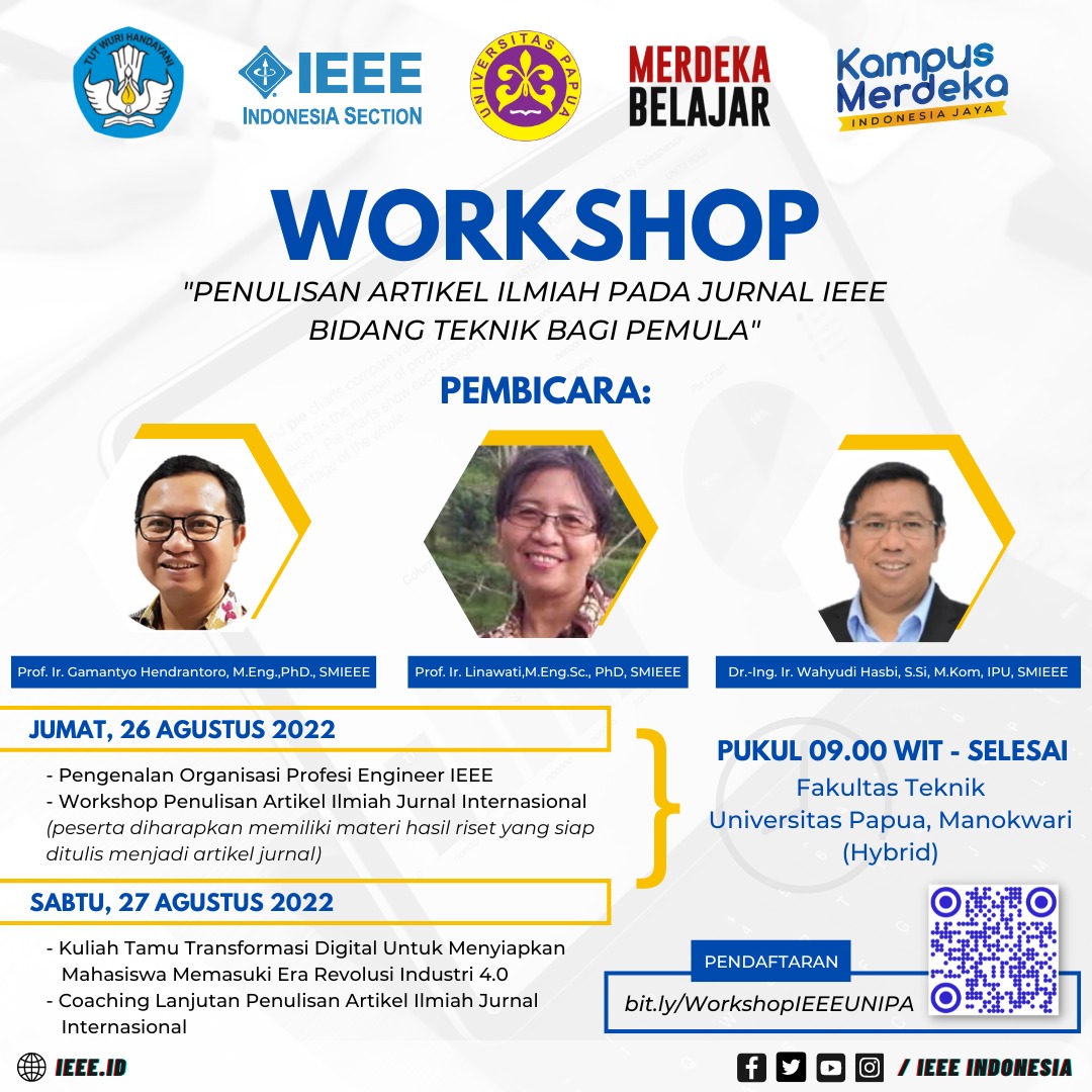 WORKSHOP: PENULISAN ARTIKEL ILMIAH PADA JURNAL IEEE BIDANG TEKNIK BAGI PEMULA

26 - 27 Agustus 2022, 
Pukul 09.00 WIT
(Hybrid)

Link Registrasi: bit.ly/WorkshopIEEEUN…