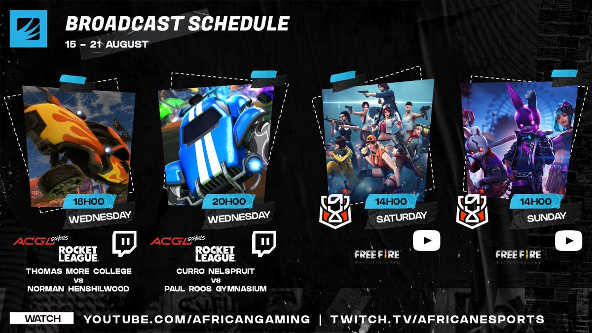 AfricanGaming's tweet photo. ๐บ Tune in this week for live #ACGLschools #RocketLeague and #ASTROFF #FreeFire.
โก #RLZA: https://t.co/U2RyMJ1DKF
โก #FreeFireZA: https://t.co/hBHFyFjqy6
#RLSSA #FreeFireAF #SAesports #EsportsZA #esports #AfricanEsports #SAgaming #GamingZA #gaming https://t.co/hpURZz6kzH