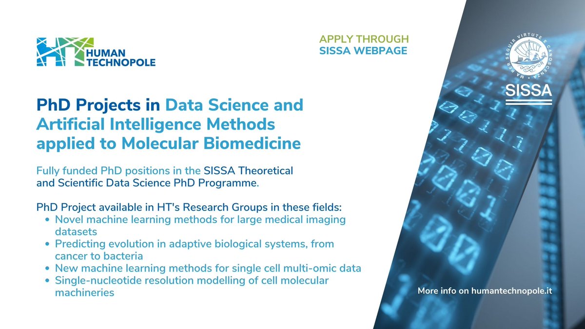 Do you dream of a PhD project in #DataScience and #AI applied to Molecular Biomedicine? Opportunities available in the @AndreaSottoriva @fepinheiromycin and @C_Glastonbury Groups through @Sissaschool! 👉 sissa.it/bandi/selectio…