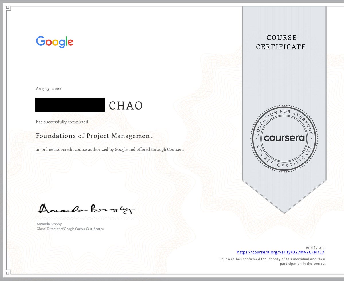 CCdesign15's tweet image. Glad to share that I&apos;ve got the certificate of #FoundationsofProjectManagement at #coursera.

Keep on learning!:)
#googleprojectmanagement