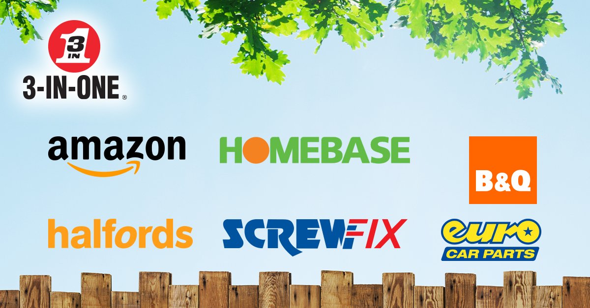 3InOneUK's tweet photo. Did you know you can pick up 3-IN-ONE products from all these retailers?

·         Amazon
·         B&amp;Q
·         Euro Car Parts 
·         Halfords
·         Homebase
·         Screw Fix

Now you'll never be stuck without your favourite 3-IN-ONE products! #3in1 #3inone https://t.co/gfmrL4z1Fy