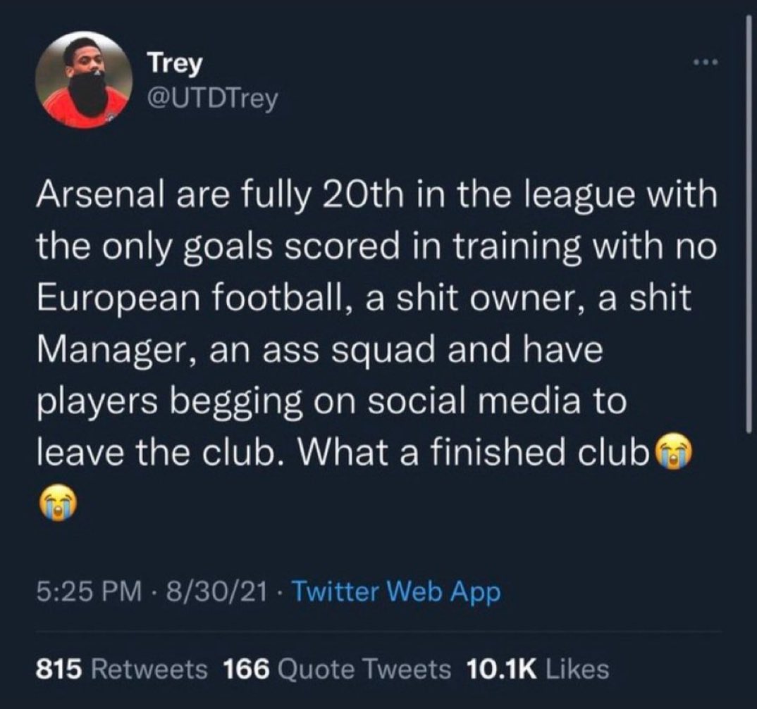 Man U are fully 20th in the league with 6 goals conceded to Brentford and Brighton with a shit owner, a shit manager, an ass squad and have players begging on social media to leave the club. What a finished club😭😭