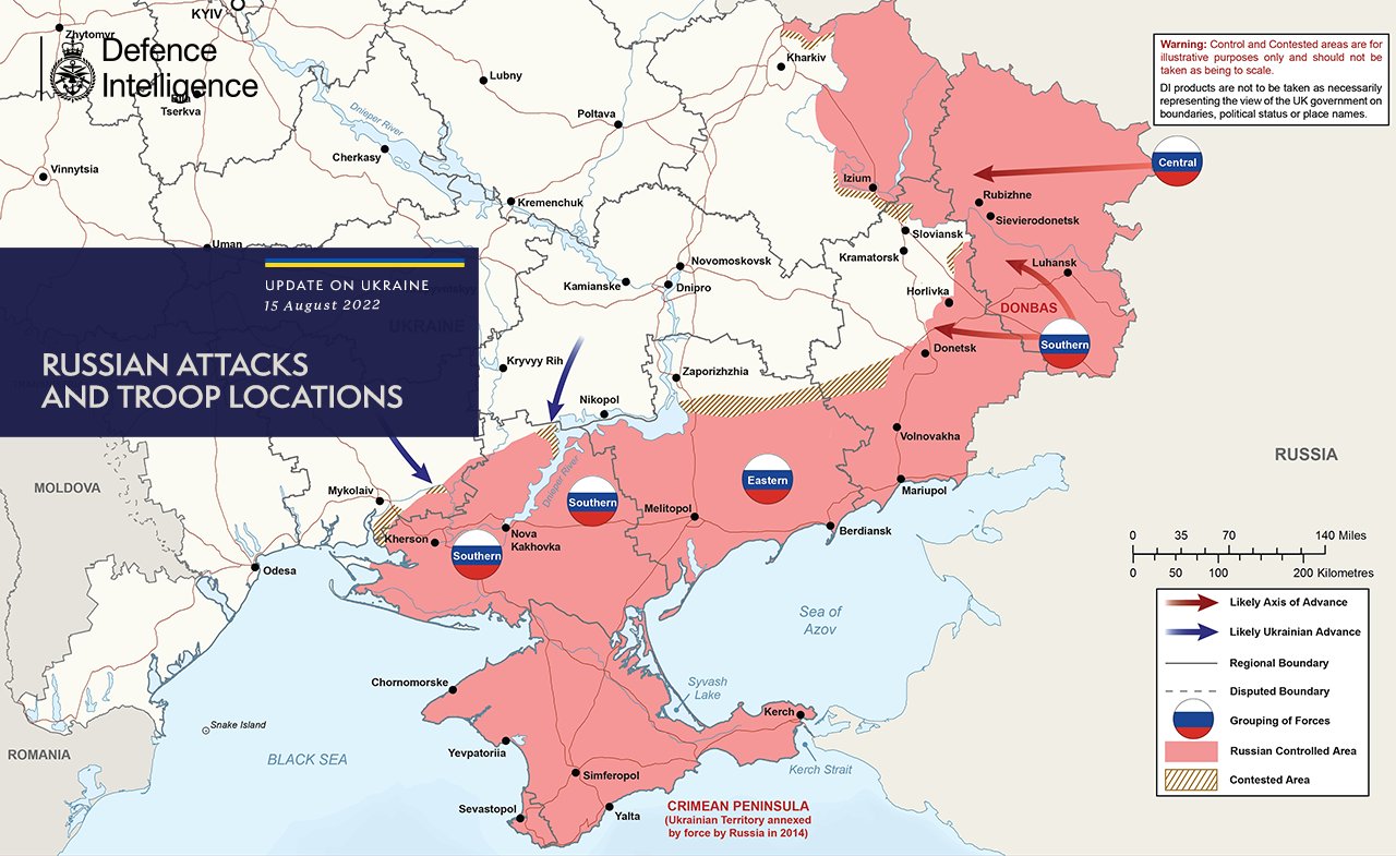 Russian attacks and troop locations map (15 August 2022)