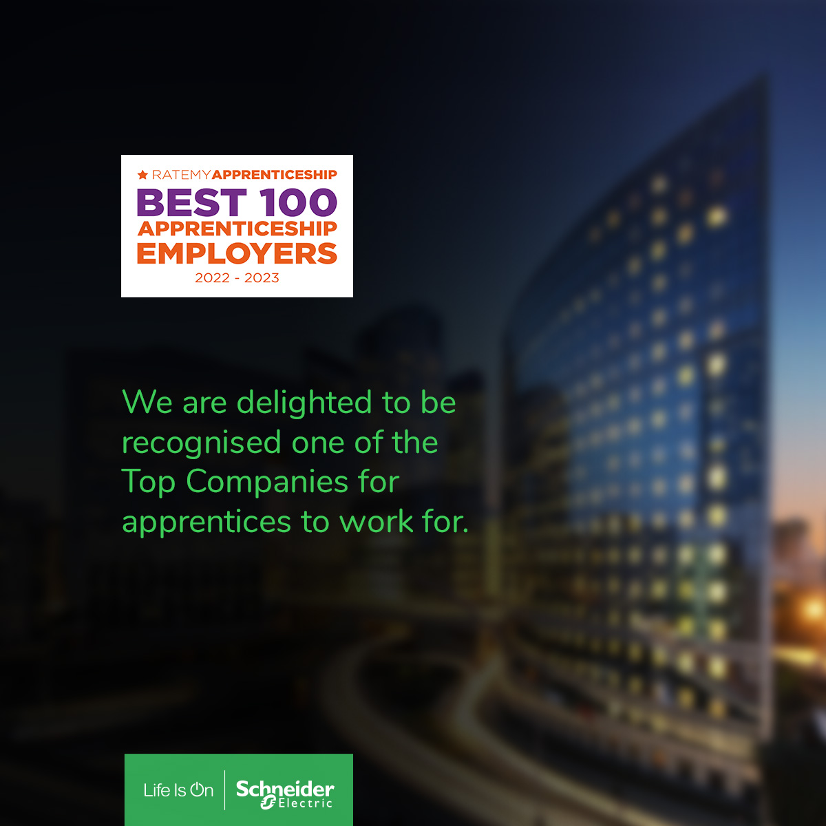 SchneiderUKI's tweet photo. We are pleased to announce that we have placed in RateMyApprenticeship’s Best 100 Employers. We are proud of our Apprenticeship Programme and all our Apprentices here at Schneider Electric UK &amp; Ireland. https://t.co/8uCILc0DnO #RMA22 #SEGreatPeople https://t.co/758pGfByUg