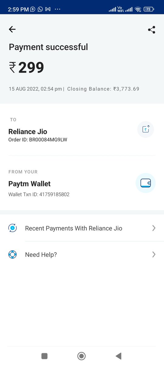 himanshu99692's tweet photo. @Paytmcare i can't made any of relaince jio transect with out any transection my 299 debit in my paytm wallet please check and revese this amount @JioCare https://t.co/62M0Ukof0T