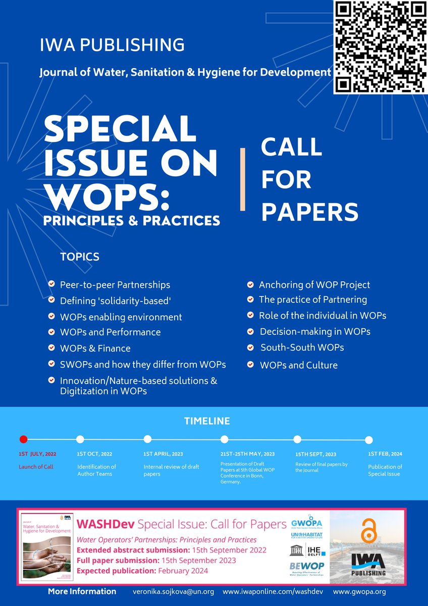 gwopa's tweet photo. 🚨1 month to submit abstracts for the #CallForPapers for this Special Issue on #WOPs "Water Operators’ Partnerships: Principles & Practices"
Selected papers to be published in the @IWAPublishing Journal on #WASH4Development
Submit your abstract: https://t.co/BX1SWSrpPN
#WOPsIssue https://t.co/VNwKuunslN