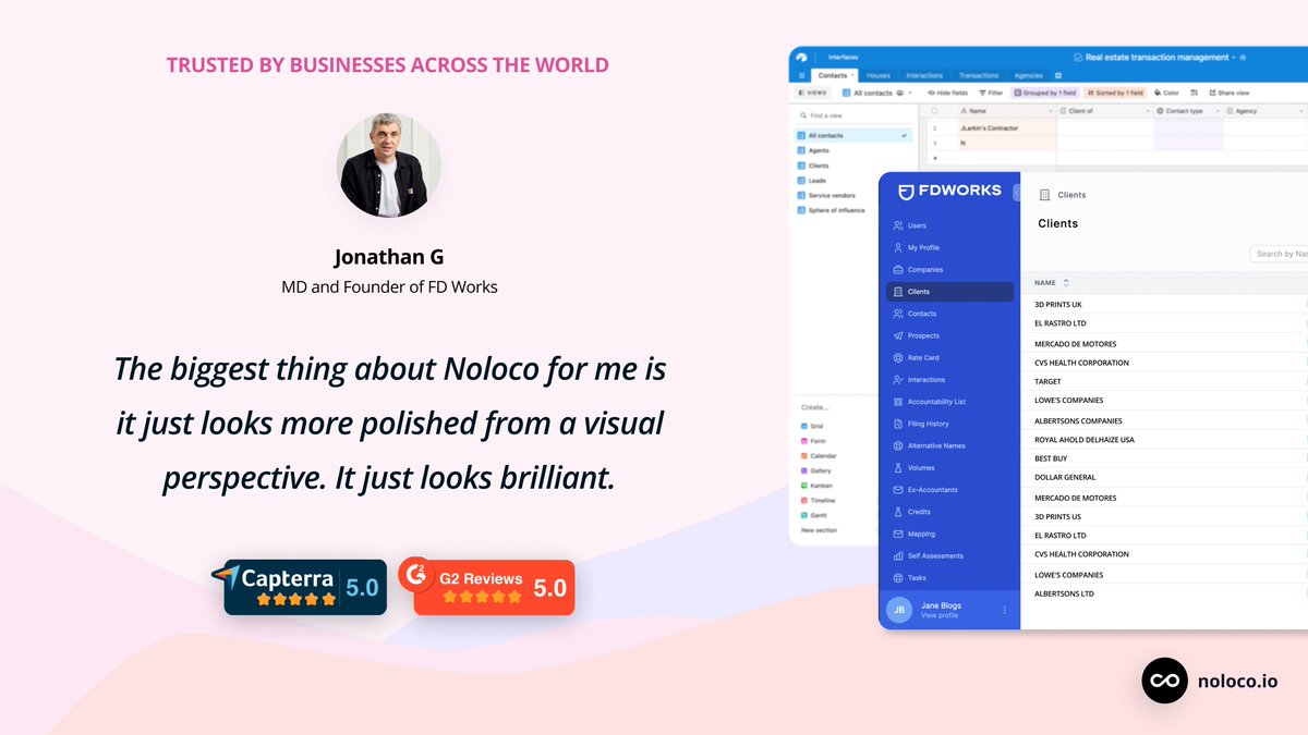 NolocoHQ's tweet photo. The founder and MD of FD Works, Jonathan G, shares his experience on how FD Works use Noloco as an internal practice management tool 🚀
Thank you, Jonathan Gaunt, for this wonderful testimonial.
Learn more: https://t.co/o5VXkTTgzz
#noloco #NoCode #casestudy https://t.co/mYB2TD5AVy