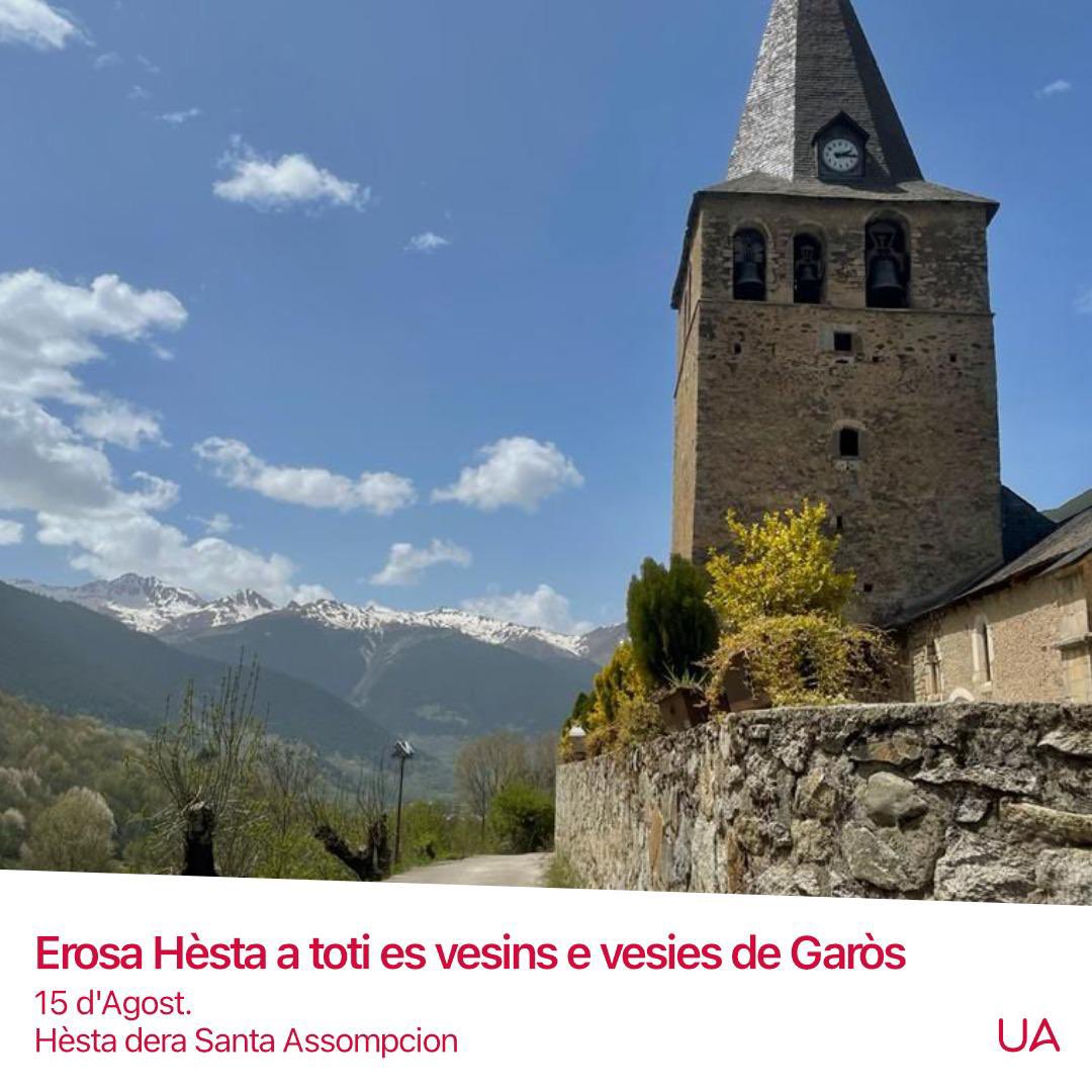 unitatdaran's tweet photo. Volem felicitar as vesins e vesies de Garòs, Bausen, Vilamòs, Montgarri, Mont, Gausac, Bossòst e Vila ena sua Hèsta Major dera Santa Assompcion.
Erosa Hèsta Major!🥳
#UnitatdAran #ValdAran #Garos #Bausen #Vilamos #Montgarri #Mont #Gausac #Bossost #Vila #SantaAssompcion https://t.co/rOM2RUbp1z