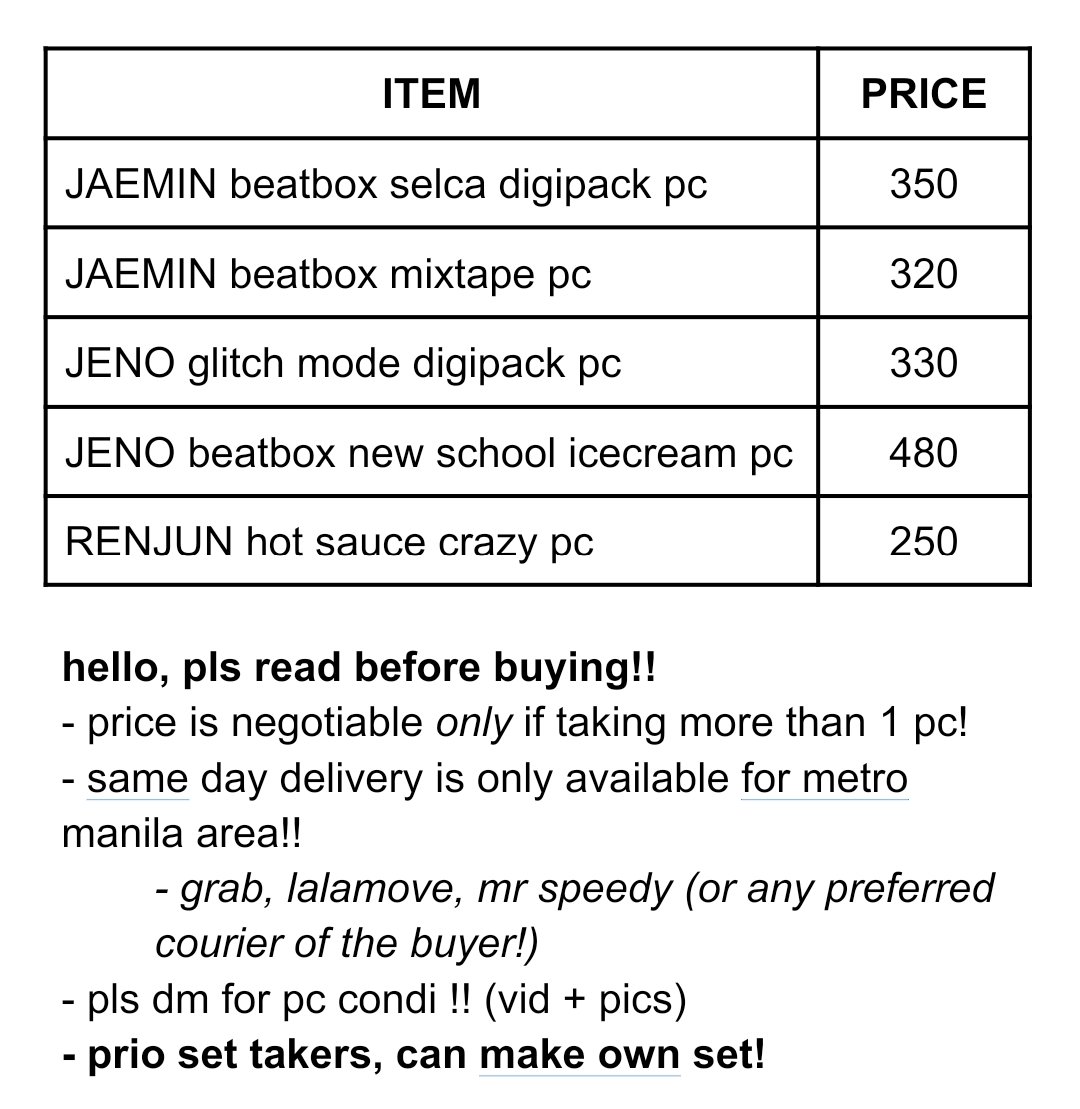 sunflowers4blue's tweet photo. ✩ wts lfb nct pc ph ✩ #s4bsells

mop: gcash
   ⤷ prio payo, 3 days reserv
   ⤷ pc price + lsf (free pf!)
   ⤷ fresh pulls! rfs: dupes!
mod: ggx, j&amp;t

reply/dm to claim! pls help ♡ + ↻ !!

t. nct dream jaemin jeno renjun hot sauce glitch mode beatbox mixtape selca icecream https://t.co/9RF1yO8oVq