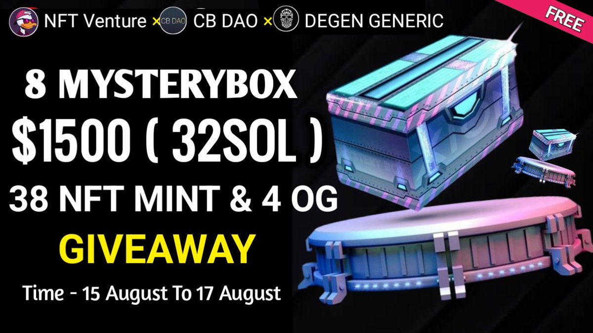 📣Massive #Giveaway 32 SOL 🔥

😱 Reward Pool-
🎁 8 Free Loot Box (Worth Of 32 Sol ) 1500$
🏆 38 Whitelist &amp; 4 OG

To Enter:
✅Follow @CB_SOLANA &amp; <a href="/NFTVenturePro/">NFT Venture || Web 3.0 🧭</a> &amp; @generic__io
✅RT &amp; Tag 3 Frns
✅ Finish Tasks - wn.nr/Htdwd3

 #Airdrop #BoxGiveaway #freeNFT #NFT